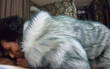 Cum Play While Wearing a Grey Fur-coat and Long Boots 214