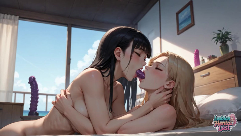 Lesbian Hentai Lust: 黑色和蓝色：亲密的卧室情