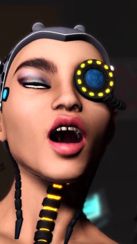 Cyber angel dickgirl si hraje se sexy mladou ebenovou ve sci-fi laboratoři