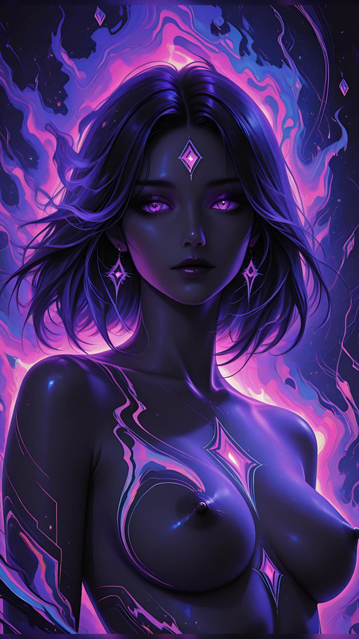 VelvetInk Studio: Zeița cosmică mistică cu ochi strălucitori violeti dark fantasy Ai...