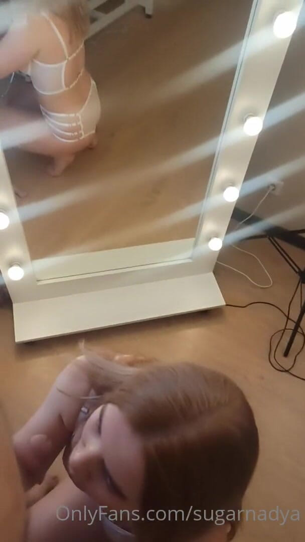 SugarNadya: Blonde in sexy lingerie caught a client near the mirror...