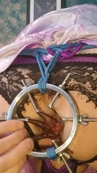 Utilisation d’un dilatateur anal dans une robe chinoise lilas sexy, sodomie extrême