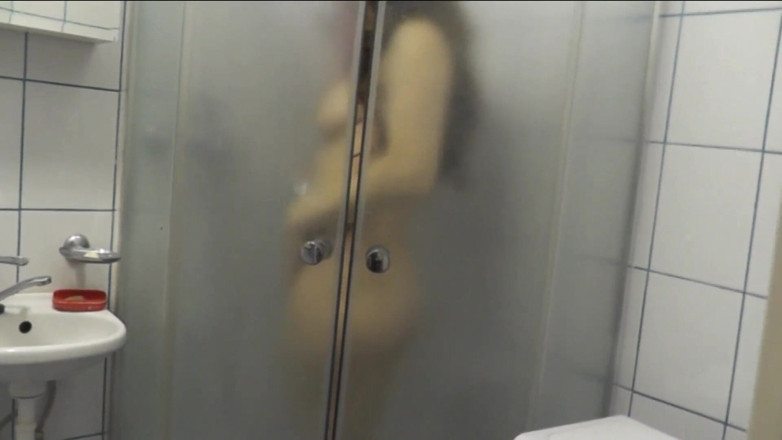 XXX-Platinum: In Shower Beautiful Woman with Long Hair Washes and Pisses