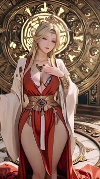 Blonde Goddess in Red & White! Kneeling, Stroking Her Chest, and Gazing Back in a Pure White Hall.