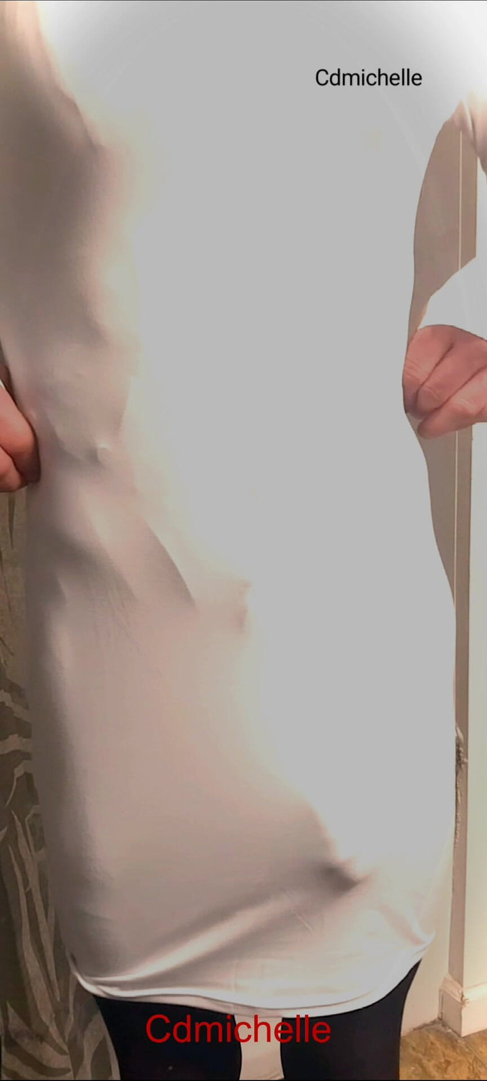 Feeling sexy today crosdressing: Cdmichelle Wearing Black Bodysuit Putting on White Dress