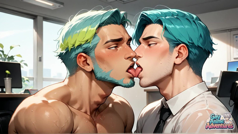 Gay Anime Adventures: ティールヘアの筋肉好きがオフィスの乱交ノルマを新鮮なハミツで満たす - わあ、初めてのXXXだ!