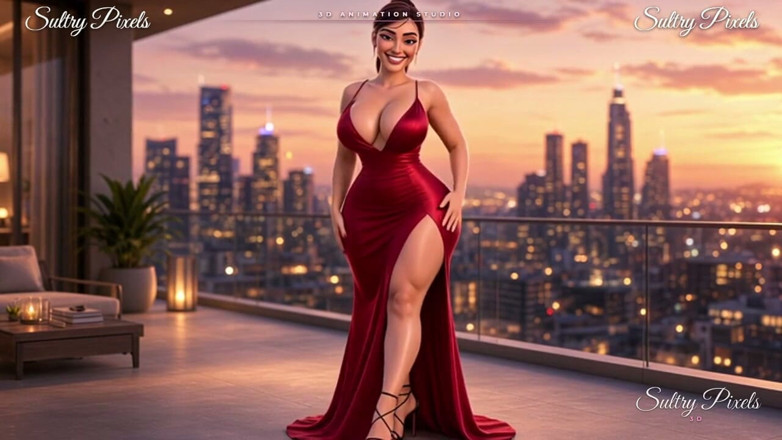 Sultry Pixels 3D: Elegancka brunetka z włosami w paski na tarasie - Sukienka na...