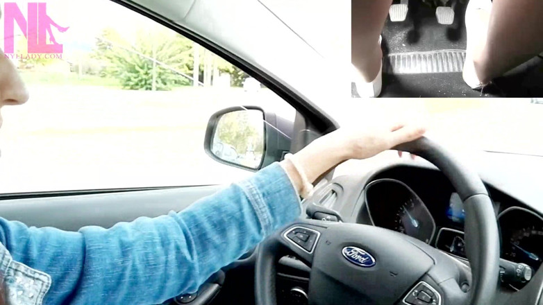 Nyllady: Cool Pedal Pumping and Driving in Nude Pantyhose and White...