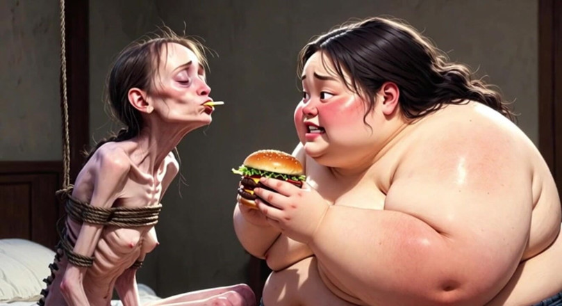 YOUR BEST FANTASY: Ragazza magra si nutre da una donna grassa enorme - contrasto...