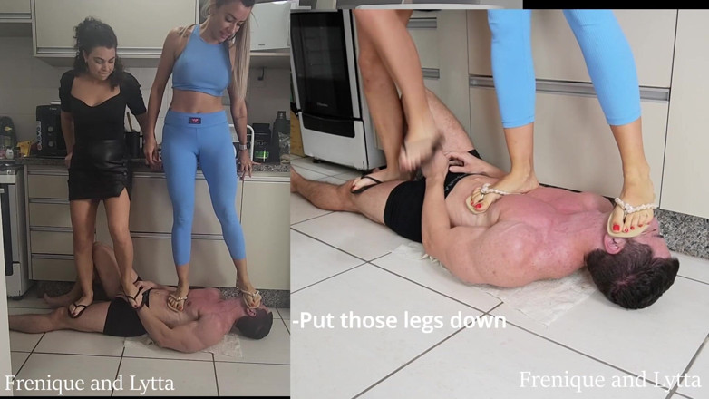 Queen Lytta ballbusting and cum lick: Frenique and Lytta - Hard Double Trampling and Ballbusting