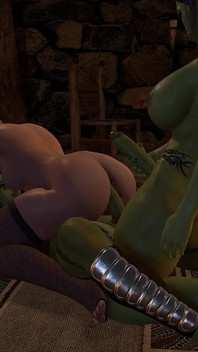 Zwei orc schwanzmädchen, doppelpenetration, mit einem ladyboy-elfen
