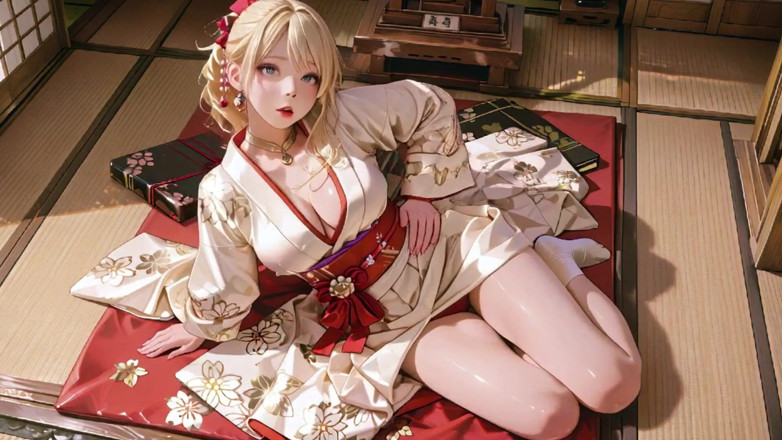 Seraphina Vale: Schrein-geheimnis des blonden kimono-mädchens! Knien unter dem Torii-Tor in einem...