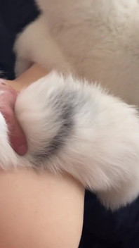 Kitty Role Play in White Fur Bra, Foxtail Anal Plug, White Fur Coat! Huge Cum Load on Face!