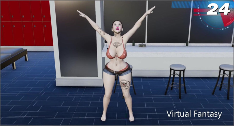 Virtual fantasy studio: Büyük memeli ve götlü 3 boyutlu seksi kız bikini ve şortla soyunuyor.