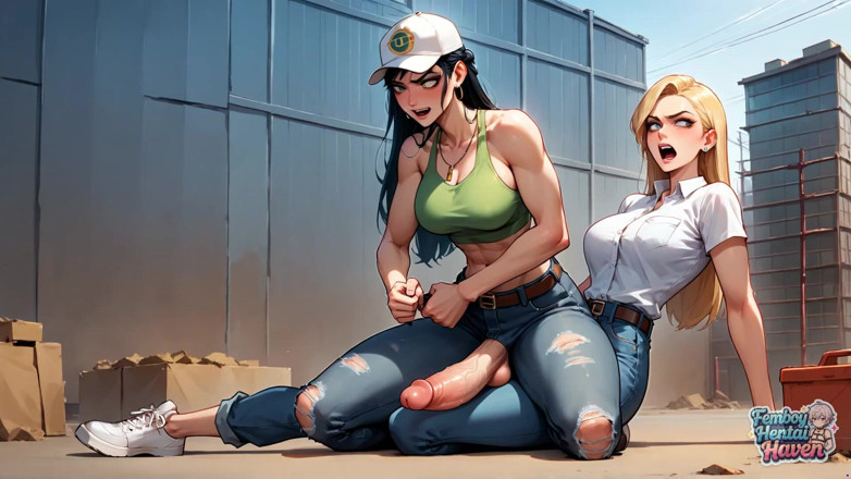 Femboy Hentai Haven: A Muscular, Blue-haired, Transvestite Femboy Knelt on a Sunlit Street,...
