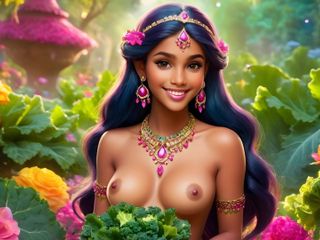 AI Girls: Piękna duża piersią nago indyjska elf dziewczyna z jarmużem