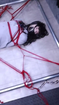 The Lovely Girlfriend Is Bound by Gloves, a Collar, and a Gag