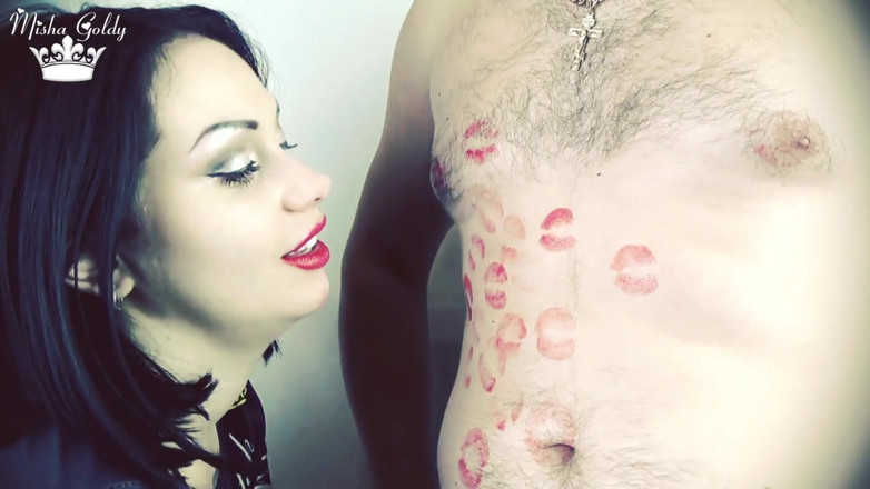 Goddess Misha Goldy: Covering Alex belly, chest and navel with red lipstick kisses!!
