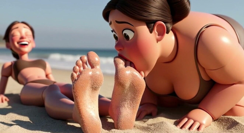 YOUR BEST FANTASY: Fat Woman Licking Sandy Feet of Skinny Girl - Beach Humiliation