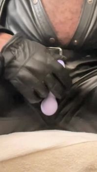 Black Leather Vibrating Toy Cock Fondle & Nipple Play