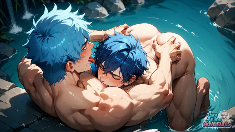 Gay Anime Adventures: Blauwharige gespierde orgie in een besneeuwde grot! Homo xxx porno!