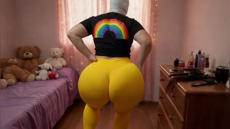 Xprohibidox1: Donna tettona in leggings gialli che scuote il culo