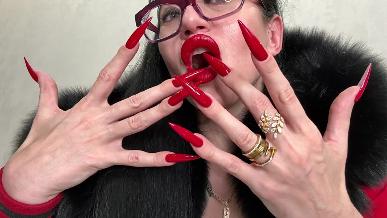 Julia domaina: Red Long Nails, Claws and Fur, Red Underwear, Stockings with...