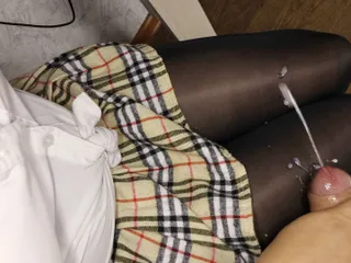 Cum on legs. Black tight pantyhose and sperm on them