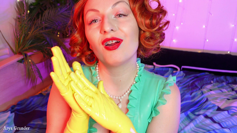 Arya Grander: Rip off clothes: ripping latex rubber yellow gloves Arya Grander