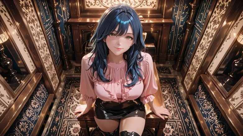 Seraphina Vale: 青い髪の黄金色の瞳を持つ女神、ピンクサテンブラウス、黒の光沢のあるミニスカート、太もも丈のブーツ