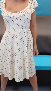White Dress with Black Polka Dots & Black and Wood High Heels