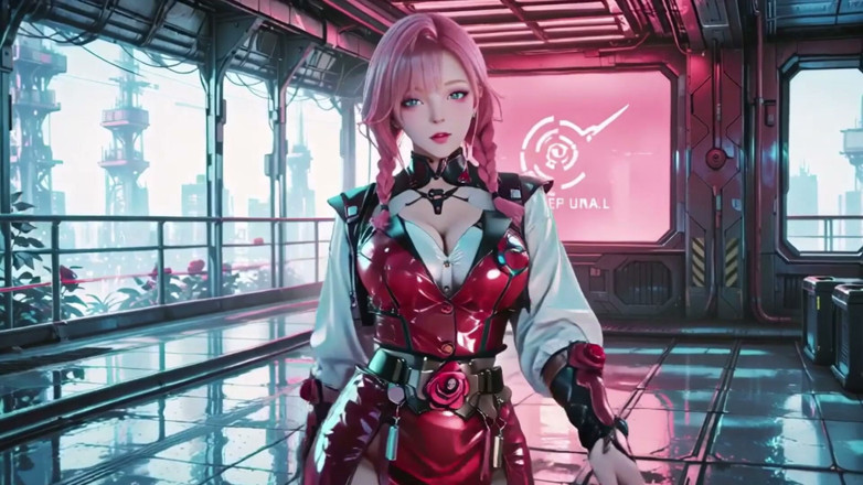 Seraphina Vale: Pink-haired Mech Warrior! Kneeling in Neon Streets, Red Rose &amp; Cold...
