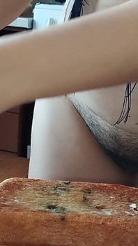 Hot Wife Prepares Naked Food in the Kitchen. Amateur Wife with Hairy Pussy, Big Tits, Big Ass.