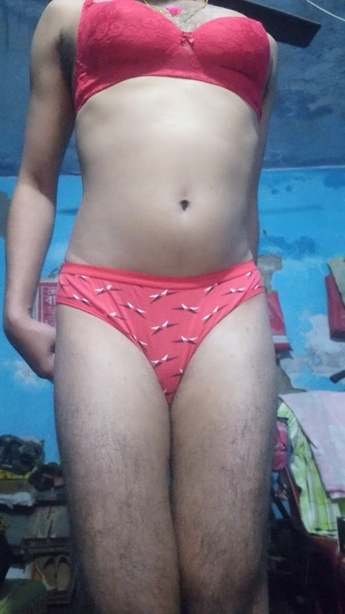 Lustyizlife: Indian Femboy Crossdresser Wearing His Step Sister's Red Bra and...