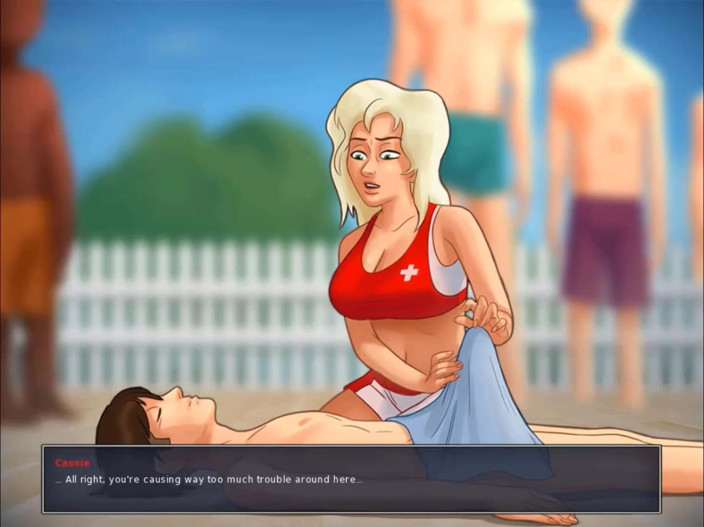 Cartoon Play: Summertime saga part 137 - blowjob through a hole swim guard