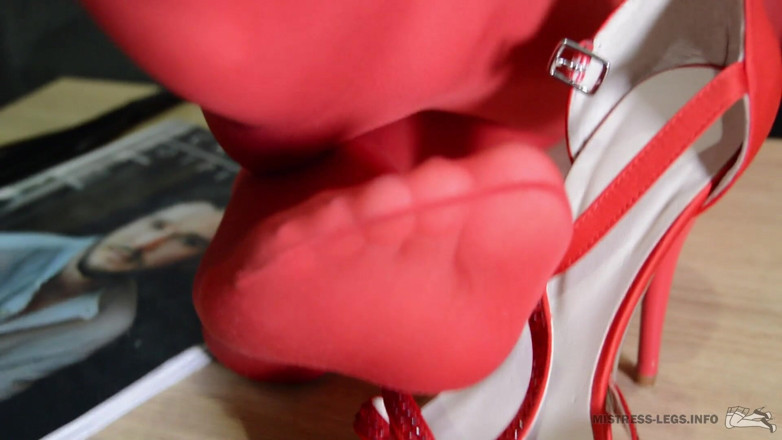 Mistress Legs: Lick my red nylon soles, slave