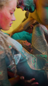 Heavy Tattooed Pornstars in Gangbang with 8 Big Cocks