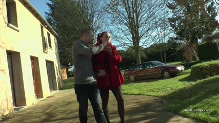 Hard Euro sex: Short skirt and stocking wearing redhead