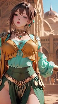 Green Gold Queen Coronation! Lazy Side-lying in the Desert Palace, Fingers Teasing Hair and Veil, Sun-kissed Skin Glistening.