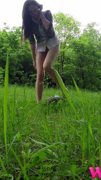 Shy Brunette Pee Outdoor and Rubs Her Wet Pussy and Pee on a Rock