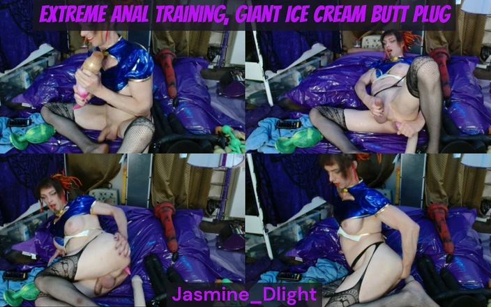 Jasmine Dlight - UK's most extreme anal porn star: Jasmine_dlight - 巨大なアイスクリームプラグ付きの青いランジェリーでの極端なアナルトレーニング