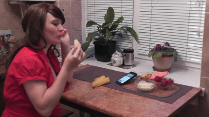 XXX-Platinum: Kitchen sexy stepmom Milf without panties eats banana, fruit, masturbates...