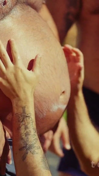 Poolside Cream Rubdown: Four Hands Slick up a Needy Sub, Sandwiched