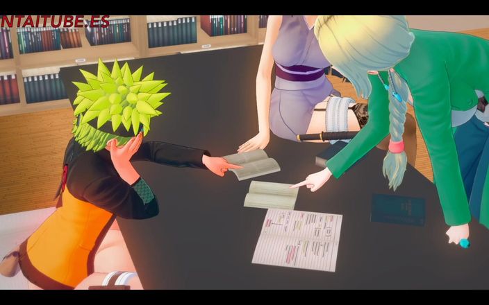 Yaoitube: Naruto Хентай 3D - Naruto трахает сакура под столом, разговаривая с Хинатой и Цунаде - порно анимации секса, аниме манга
