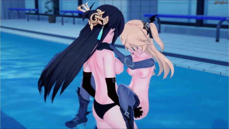 Hentai Smash: Genshin Impact - Beidou fucks Fischl at the pool with a...