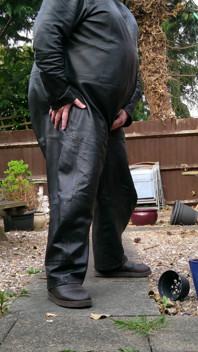 Leather Overalls in the Garden