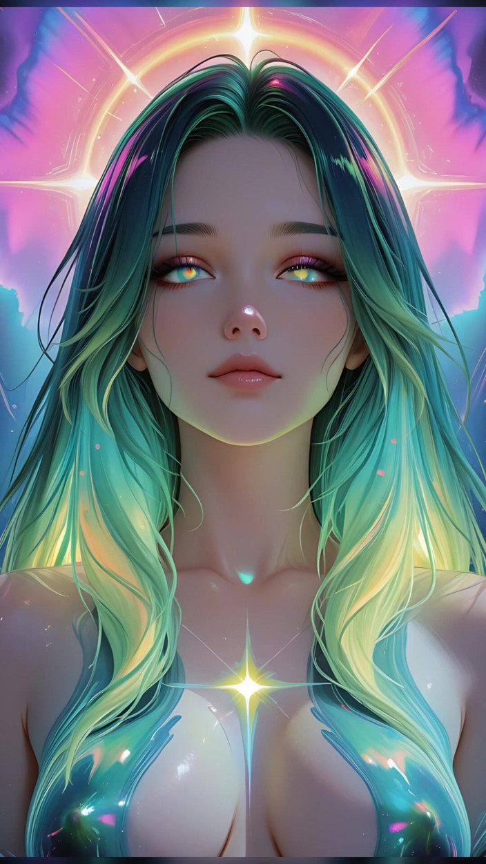 VelvetInk Studio: Kosmiczny neonowy portret piękności z świetlistymi oczami marzycielską fantazją Ai Art...