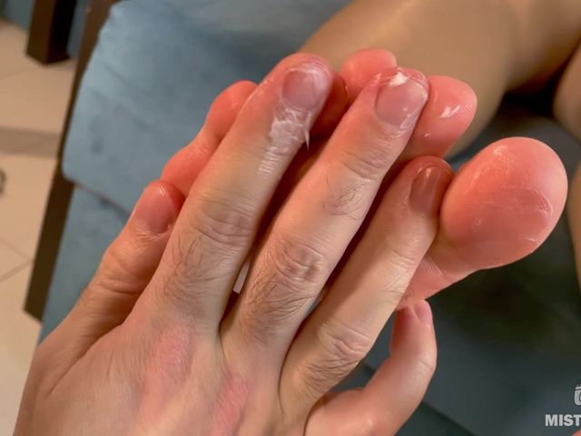 Smearing the Bare Feet and Toes of the Goddess with Cream POV (Mistress Legs)