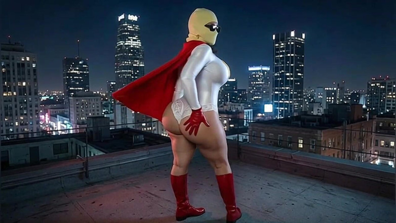 Animate golden: Pequena super-herói rabuda em branco e vermelho mostrando sua bunda...