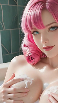Beautiful Nude Woman with Neon Pink Curls Fingering Deep on Moonlit Shore